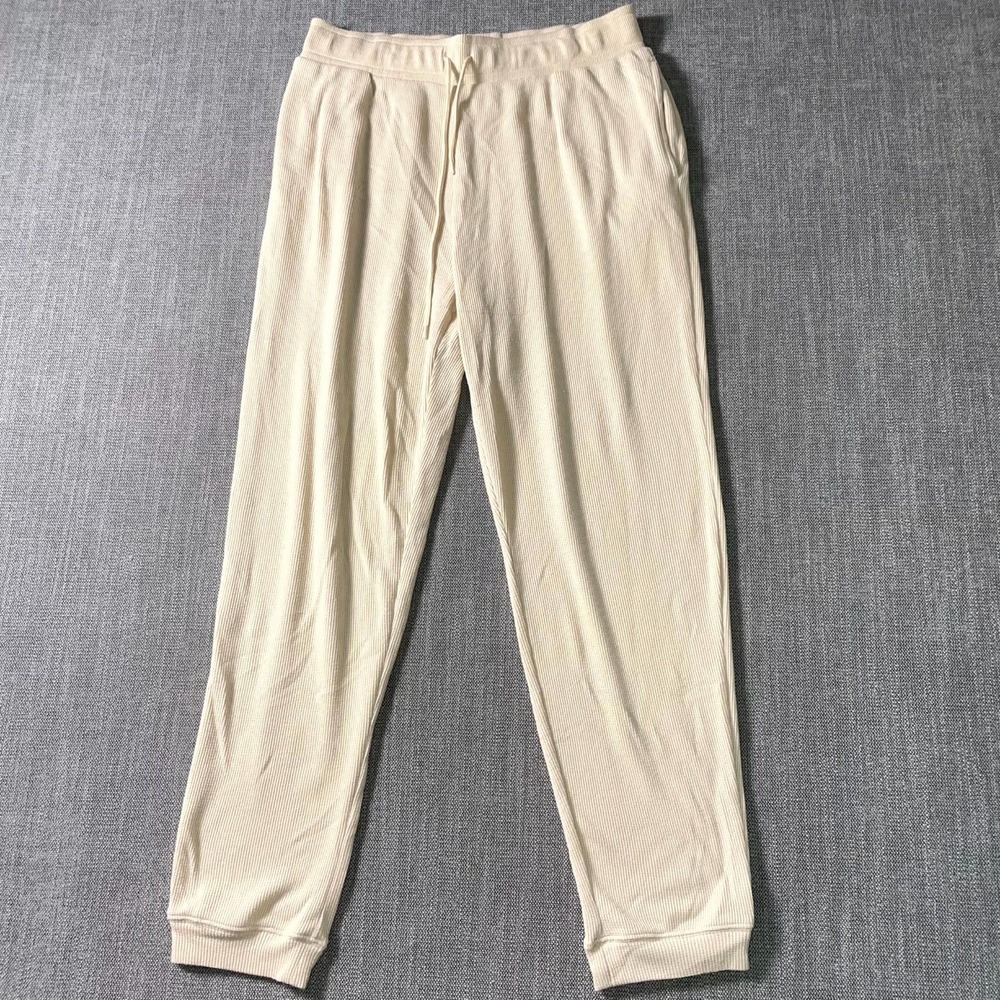 Victorias Secret Pink Lounge Pants Womens M Beige Waffle Drawstring Sleepwear